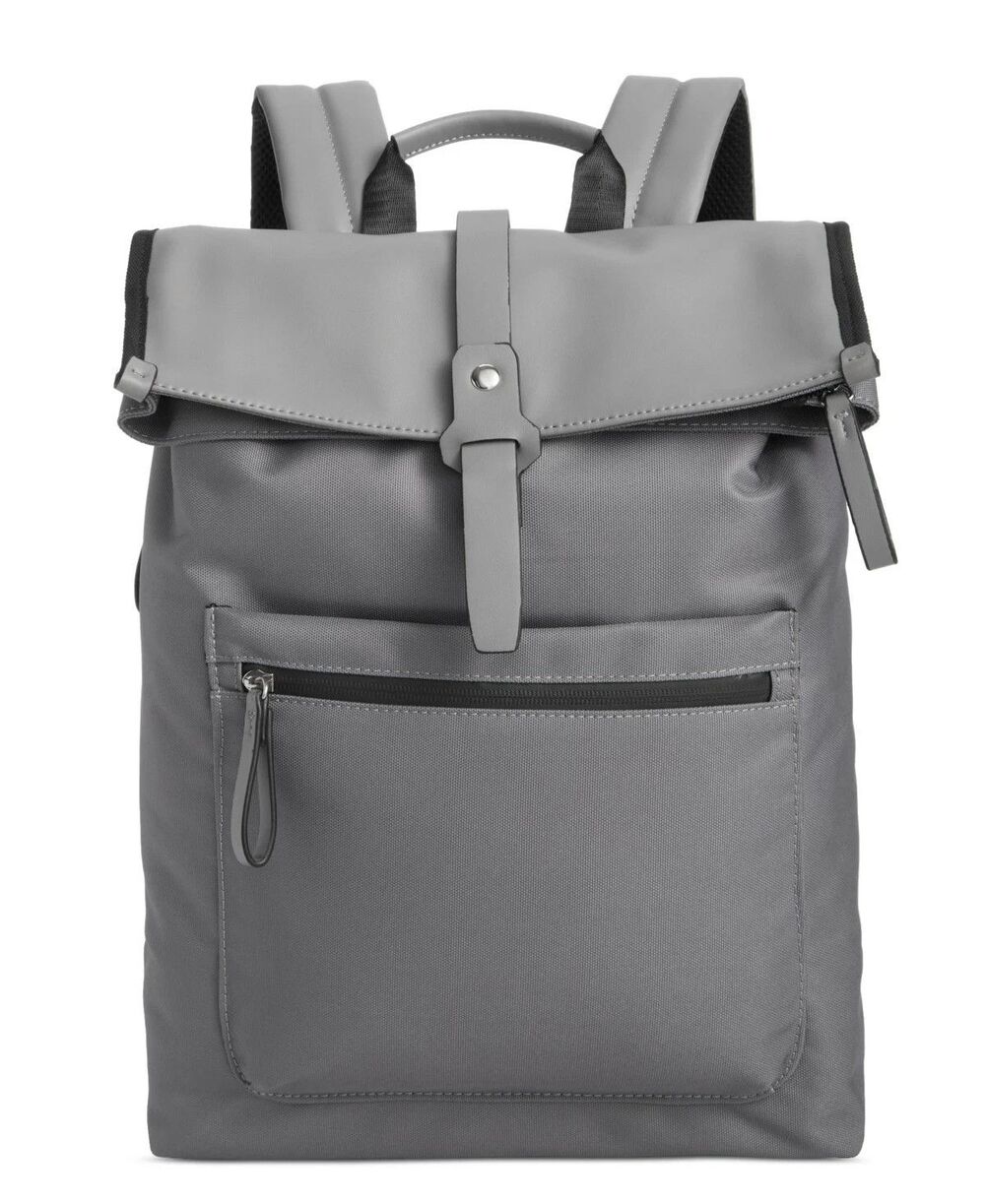 ALFANI Backpack Grey Canvas Roll Top Backpack Faux Leather Trim Laptop Sleeve